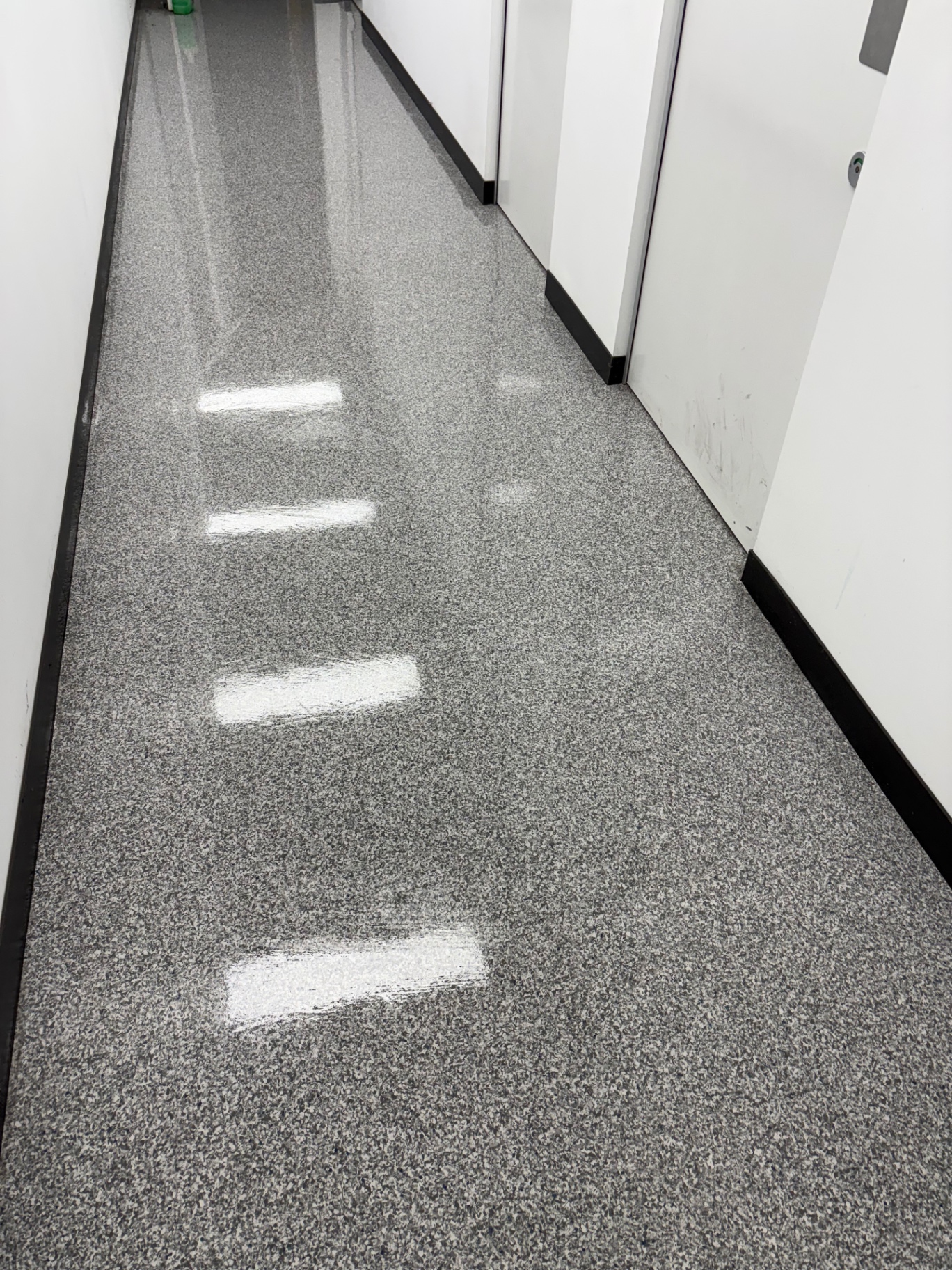 Hallway vinyl floor — matte to high-gloss finish after professional office cleaning